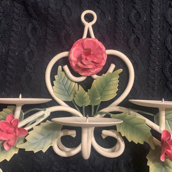 Vintage 5 Candle Shabby Chic Toleware Rose Floral Candle Wall Sconce - Picture 2 of 7